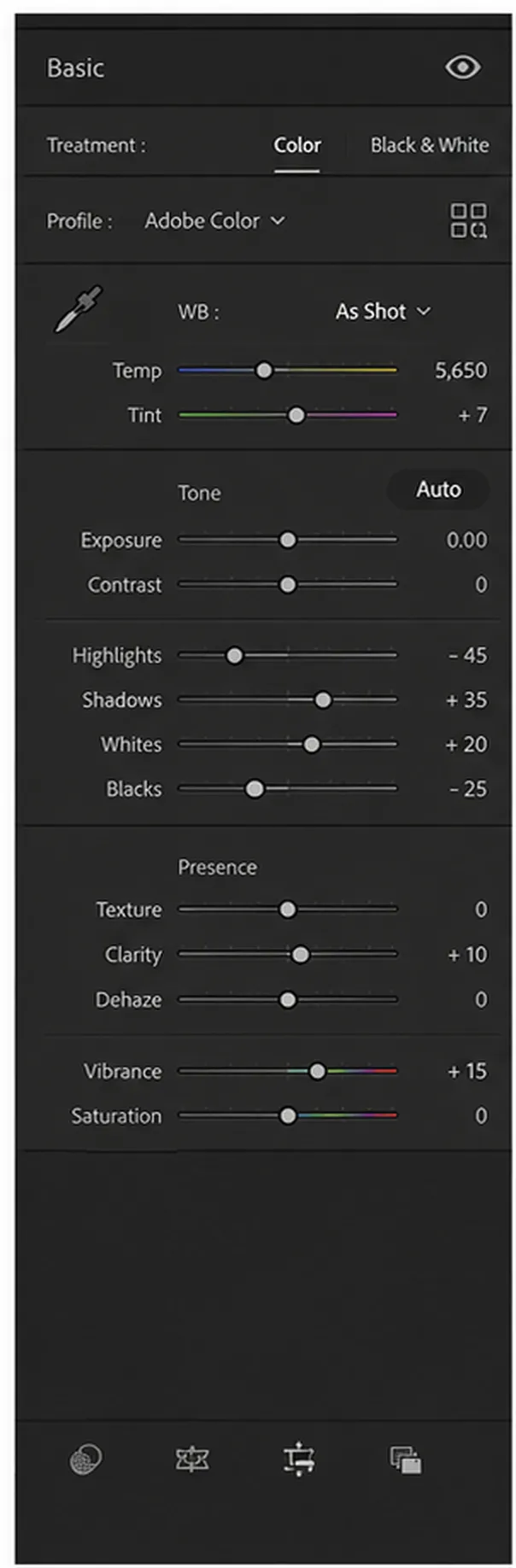 Lightroom Basic panel exposure and highlight controls