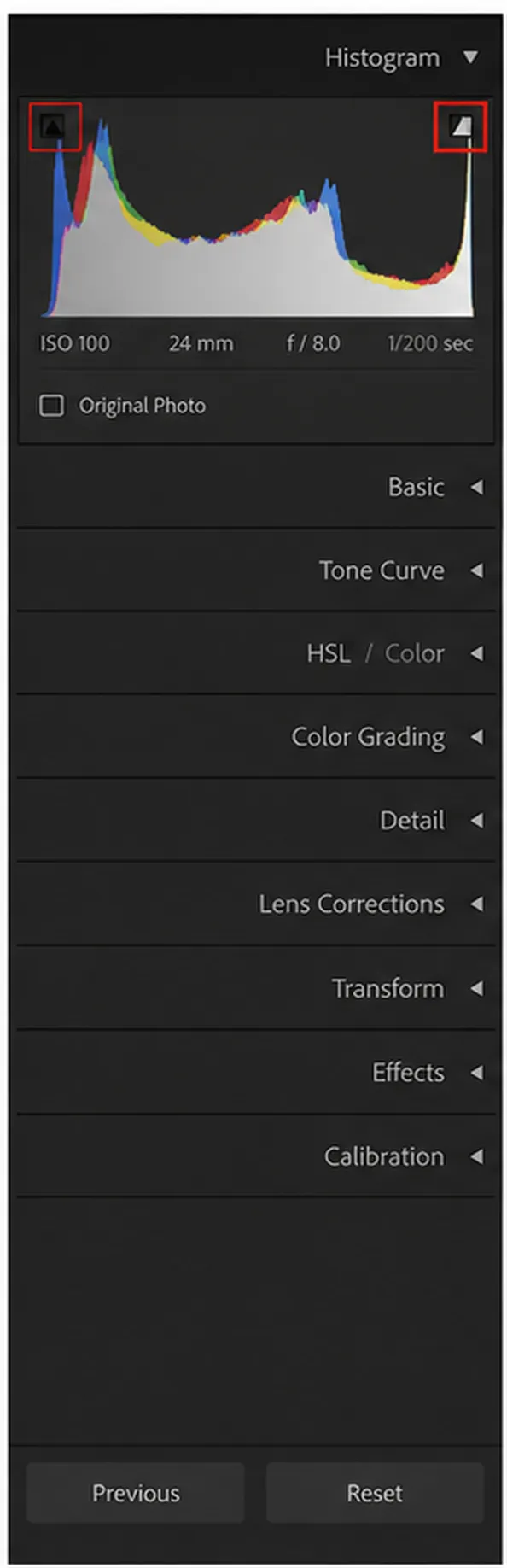 Lightroom histogram showing highlight clipping warning