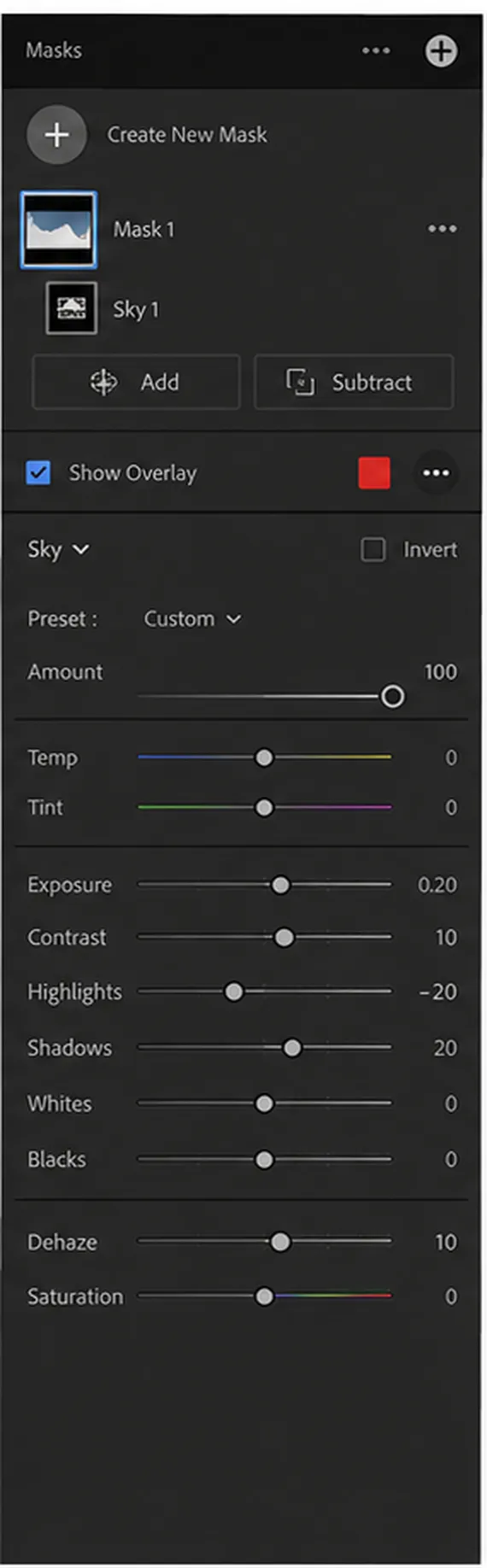 Lightroom Select Sky mask on an overexposed image