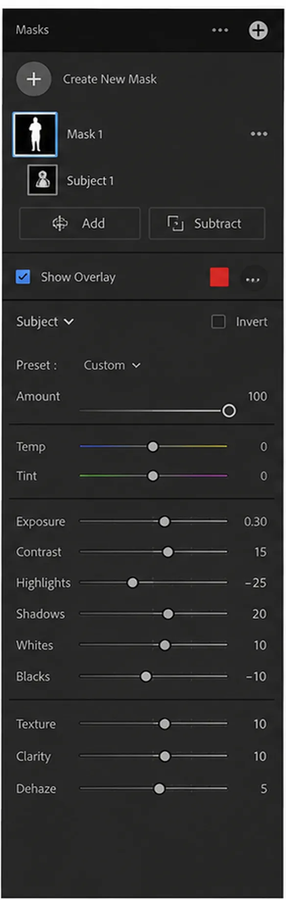 Lightroom subject mask used to balance an edited photo