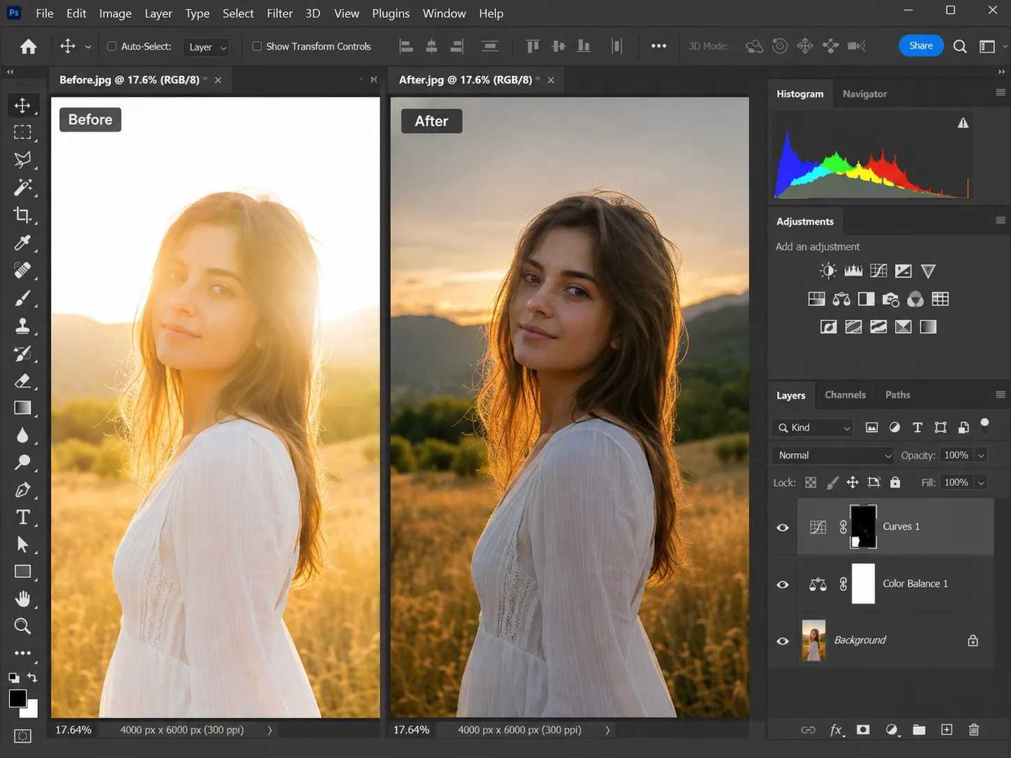 Photoshop before and after view of an overexposed photo
