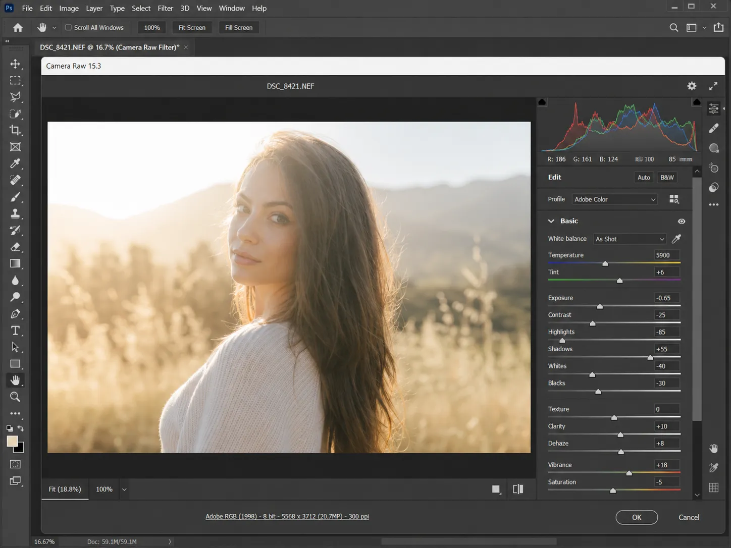 Camera Raw Filter exposure correction in Photoshop
