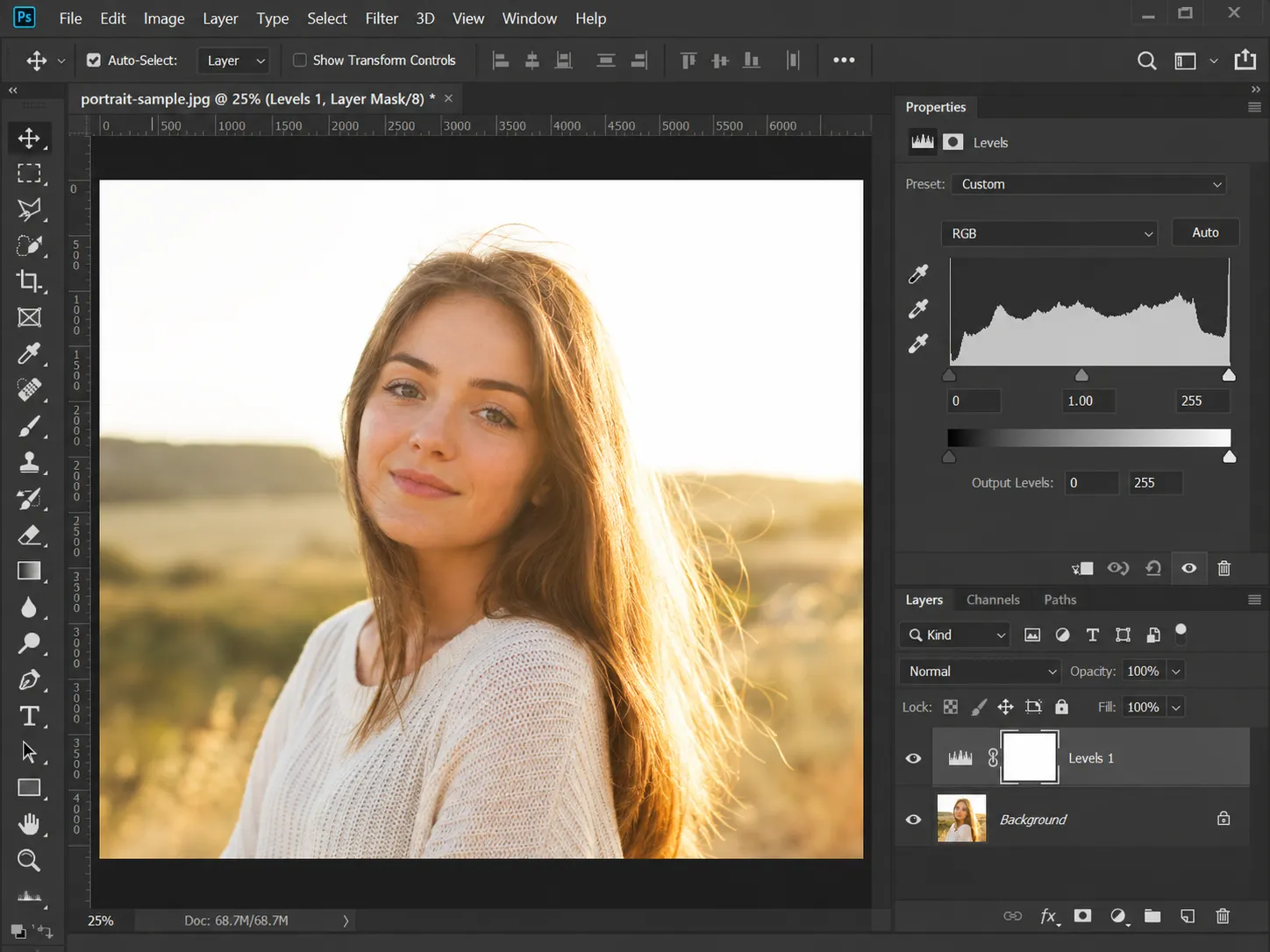 Levels adjustment for an overexposed image in Photoshop